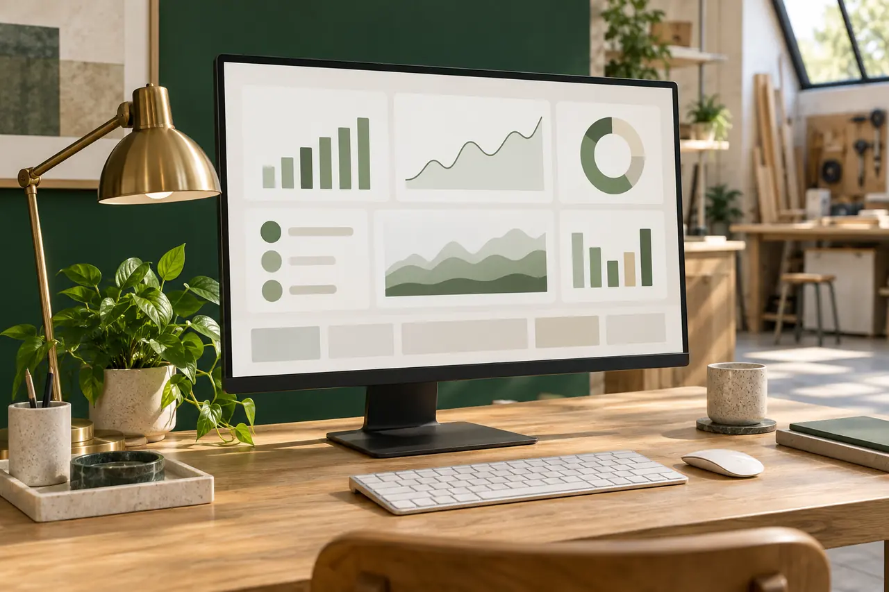 Image générée : un grand écran affichant un tableau de bord dans un bureau vert pin.