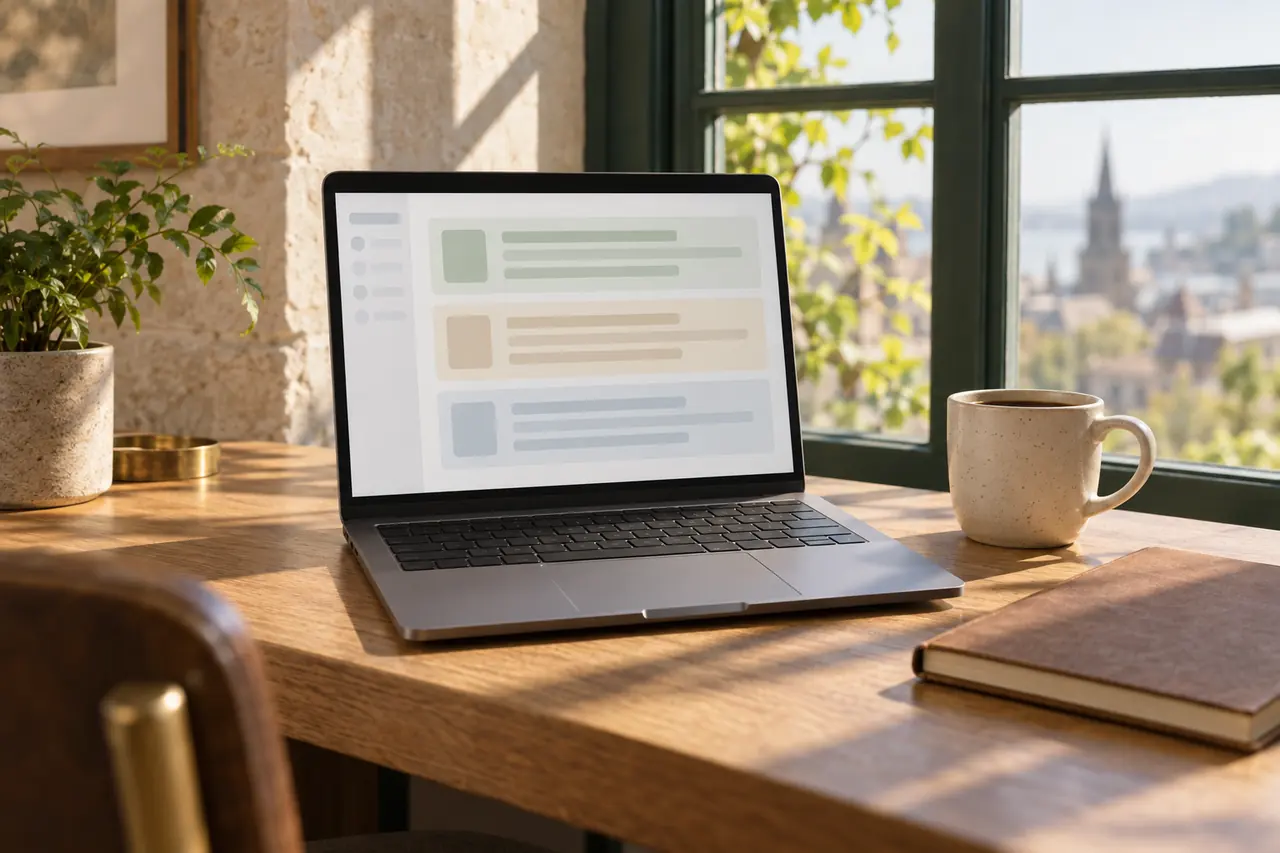 Generated image: a calm desk by a window, a laptop showing a sorted inbox.
