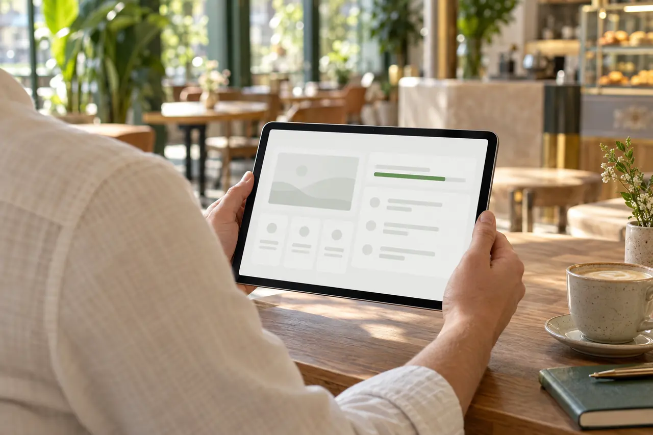 Image générée : une personne, de dos, consulte son espace client sur une tablette dans un café.