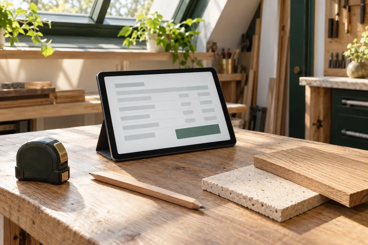 Generated image: a bright workshop bench, a tablet showing a quote, a tape measure and material samples.