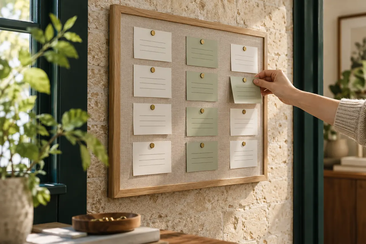 Image générée : un tableau de fiches en trois colonnes sur un mur d’atelier.